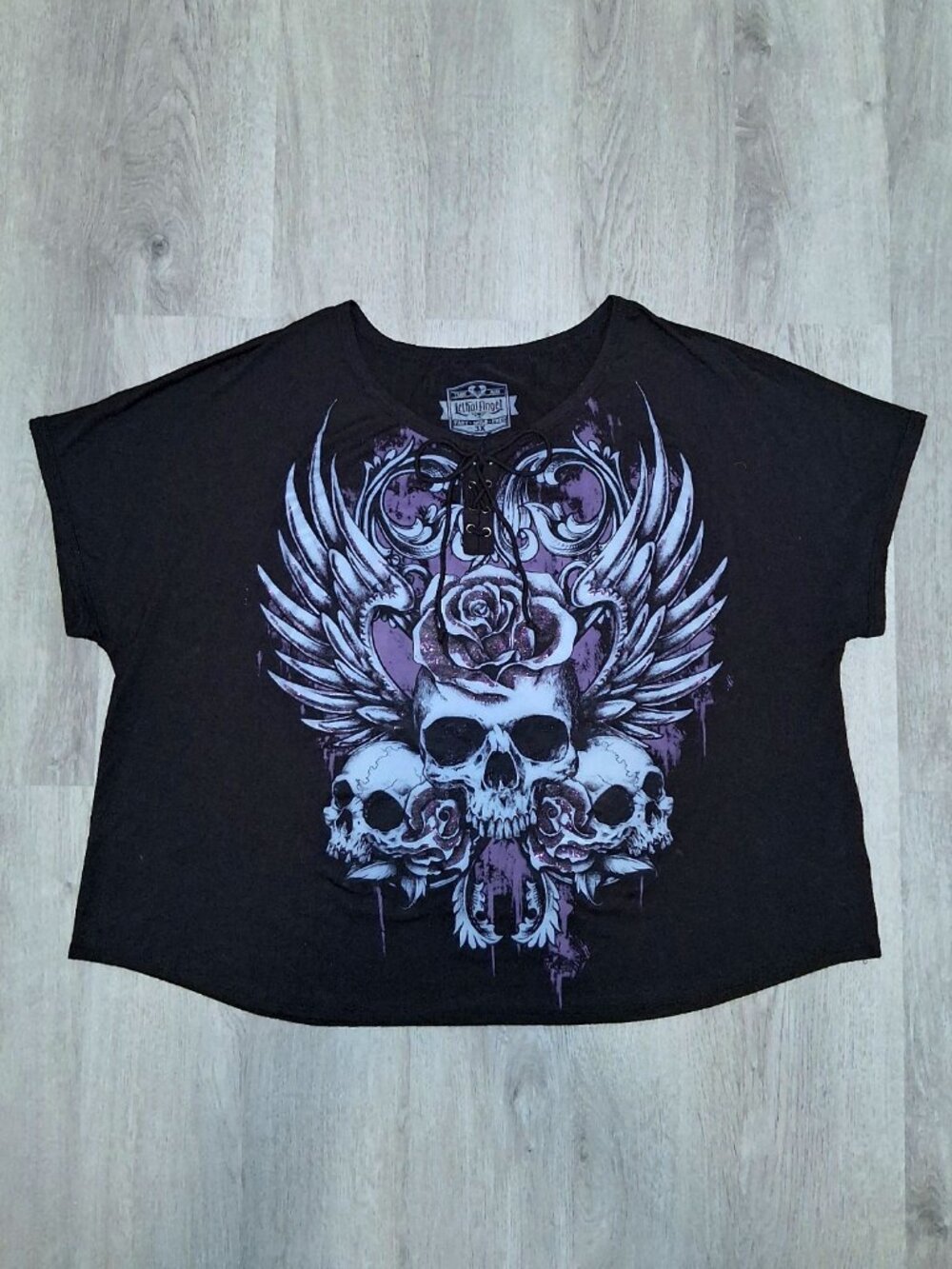 Lethal Angel Gothic Skull Roses Angel Wings Purple Black T-Shirt Plus Size 3X